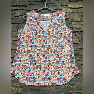 Jude Connally Ali Top M Sleeveless House Print USA Made Everyday Classic Pretty!